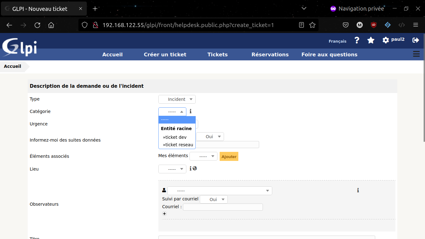 Description et catégorie du ticket