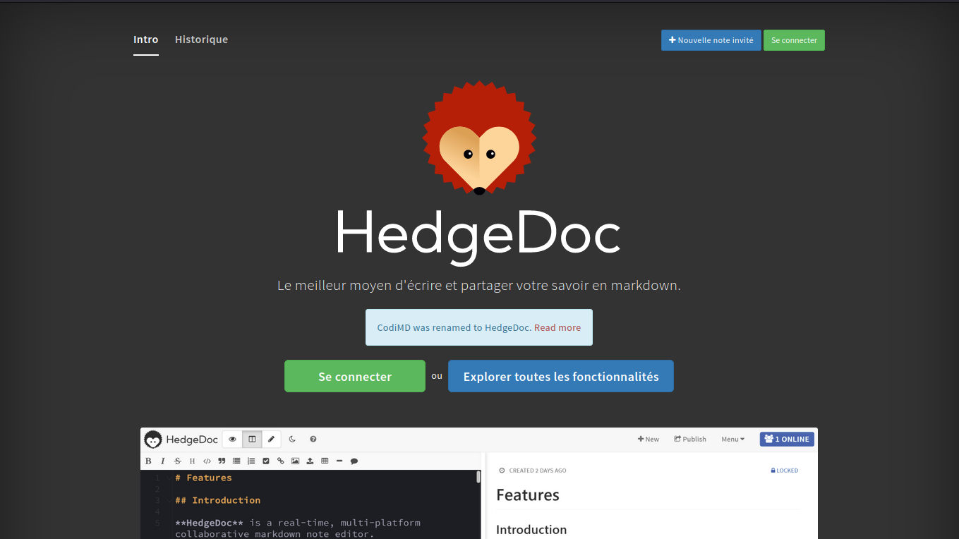 Page d'accueil de HedgeDoc
